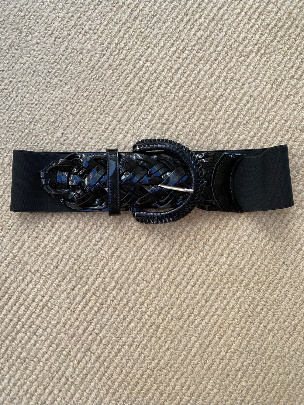 Motif 56 Wide Black Patent Woven Belt w/Elastic M